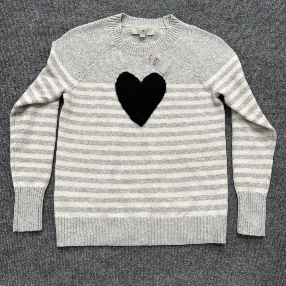 LOFT Crew Neck Sweater NWT Gray and White Stripe Black Heart Pullover XS